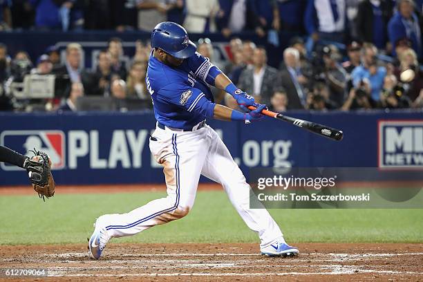 Edwin Encarnacion of the Toronto Blue Jays hits a three-run walk-off home run in the eleventh inning to defeat the Baltimore Orioles 5-2 in the...