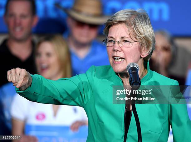 Sen. Elizabeth Warren speaks at The Springs Preserve on October 4, 2016 in Las Vegas, Nevada. Warren is campaigning for Democratic presidential...