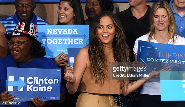 Model and television personality Chrissy Teigen arrives at a campaign event with U.S. Sen. Elizabeth Warren at The Springs Preserve on October 4,...