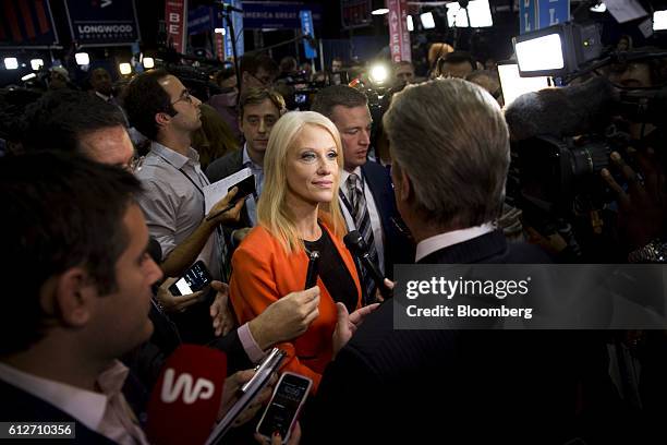 Kellyanne Conway, campaign manager for 2016 Republican Presidential Nominee Donald Trump, speaks to the media following the vice presidential debate...