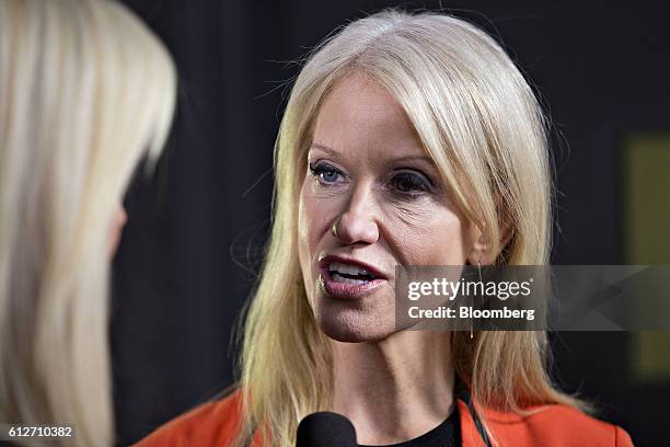 Kellyanne Conway, campaign manager for 2016 Republican Presidential Nominee Donald Trump, speaks to the media following the vice presidential debate...