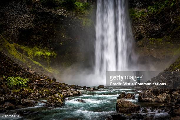 man standing close to huge waterfall. - british columbia stock pictures, royalty-free photos & images