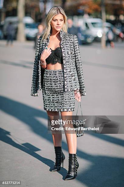 Lala Rudge is seen, outside the Chanel show, during Paris Fashion Week Spring Summer 2017, at Grand Palais, on October 4, 2016 in Paris, France.