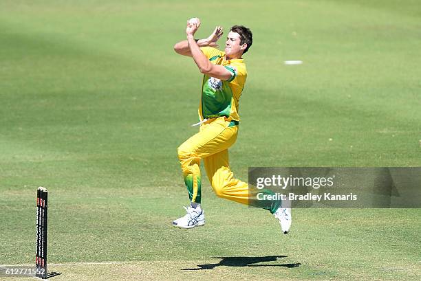 Tom O'Donnell of CA XI bowls during the Matador BBQs One Day Cup match between Tasmania and the Cricket Australia XI at Allan Border Field on October...