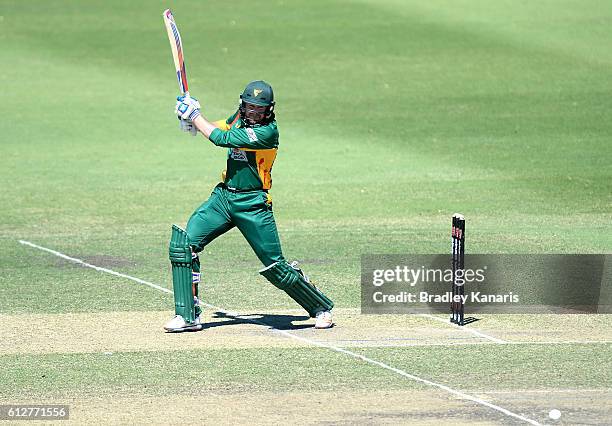 Ben Dunk of Tasmania plays a shot during the Matador BBQs One Day Cup match between Tasmania and the Cricket Australia XI at Allan Border Field on...