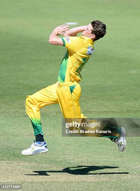 Brendan Doggett of CA XI bowls during the Matador BBQs One Day Cup match between Tasmania and the Cricket Australia XI at Allan Border Field on...