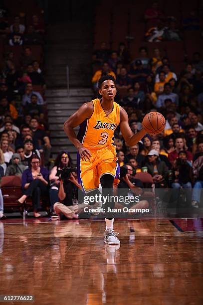 Anthony Brown of the Los Angeles Lakers brings the ball up court against the Sacramento Kings during a preseason game on October 4, 2016 at Honda...