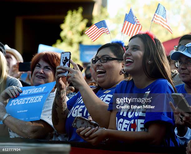 Supporters listen to U.S. Sen. Elizabeth Warren speak at The Springs Preserve on October 4, 2016 in Las Vegas, Nevada. Warren is campaigning for...