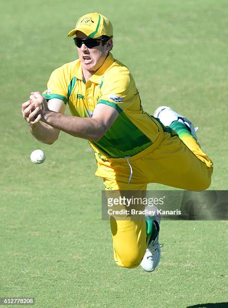 Tom O'Donnell of the CA XI drops a catch during the Matador BBQs One Day Cup match between Tasmania and the Cricket Australia XI at Allan Border...