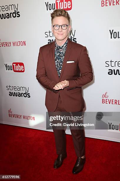 Humorist Tyler Oakley arrives at the 2016 Streamy Awards at The Beverly Hilton Hotel on October 4, 2016 in Beverly Hills, California.