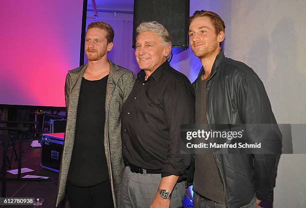 Lucas Fendrich, Rainhard Fendrich and Florian Fendrich pose during the release of the record 'Schwarzoderweiss' at Gartenpalais Schoenborn on October...