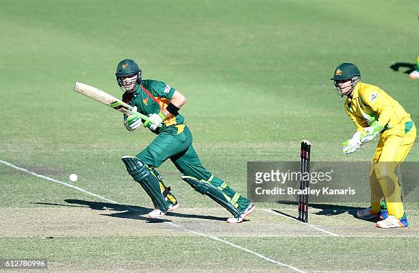 Tim Paine of Tasmania plays a shot during the Matador BBQs One Day Cup match between Tasmania and the Cricket Australia XI at Allan Border Field on...