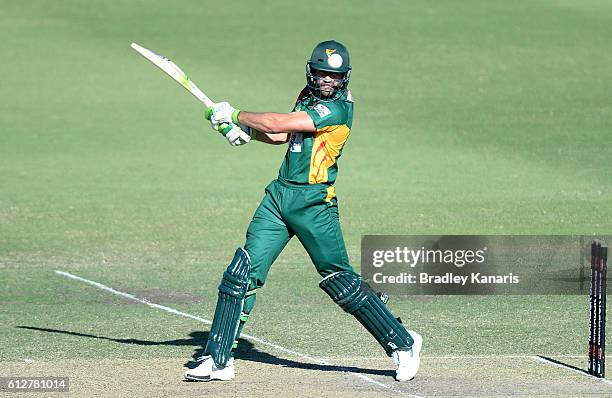 Dominic Michael of Tasmania plays a shot during the Matador BBQs One Day Cup match between Tasmania and the Cricket Australia XI at Allan Border...