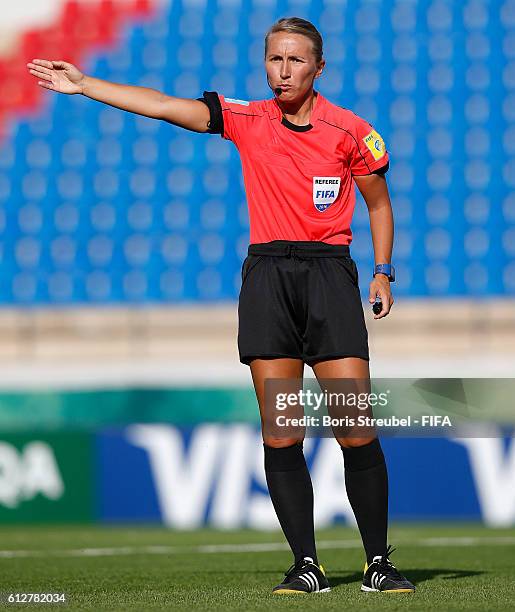 Referee Ekaterina Koroleva gestures during the FIFA U-17 Women's World Cup Jordan Group C match between Nigeria and England at Prince Mohammed...