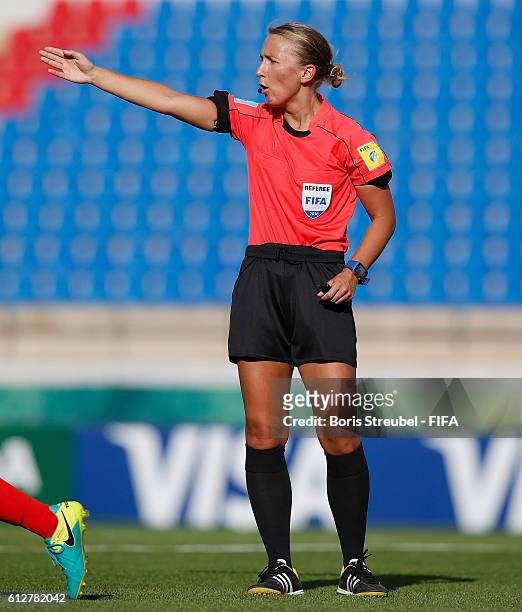 Referee Ekaterina Koroleva gestures during the FIFA U-17 Women's World Cup Jordan Group C match between Nigeria and England at Prince Mohammed...