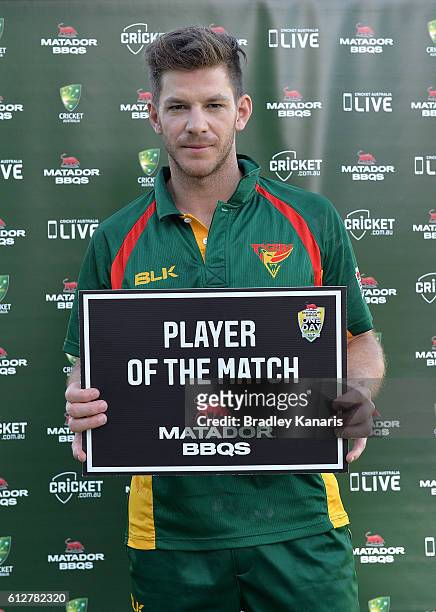 Tim Paine of Tasmania is awarded with the player of the match award after the Matador BBQs One Day Cup match between Tasmania and the Cricket...