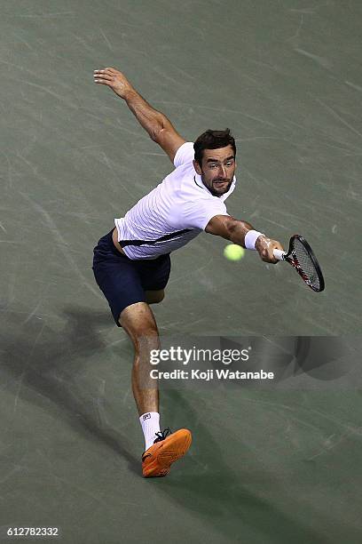 Marin Cilic of Croatia in action during the men's singles first round match against Fernando Verdasco of Spain on day three of Rakuten Open 2016 at...