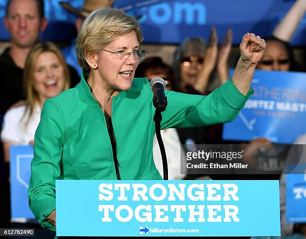 Sen. Elizabeth Warren speaks at The Springs Preserve on October 4, 2016 in Las Vegas, Nevada. Warren is campaigning for Democratic presidential...