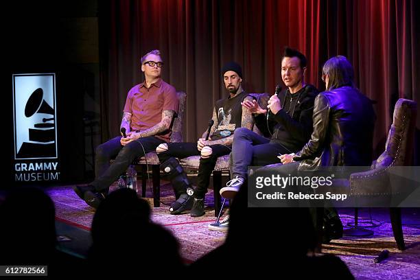 Matt Skiba, Travis Barker and Mark Hoppus of Blink-182 speak with Vice President of the GRAMMY Foundation Scott Goldman at A Conversation With...