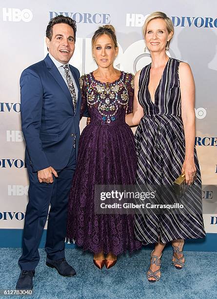 Actors, Mario Cantone, Sarah Jessica Parker and Cynthia Nixon attend the 'Divorce' New York Premiere at SVA Theater on October 4, 2016 in New York...