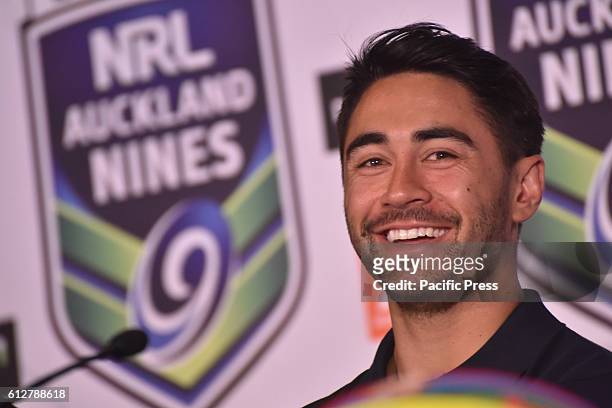 Shaun Johnson is at press conference. He is one of the rugby league's greatest superstars to play Downer Auckland Nines in Feb 2017.