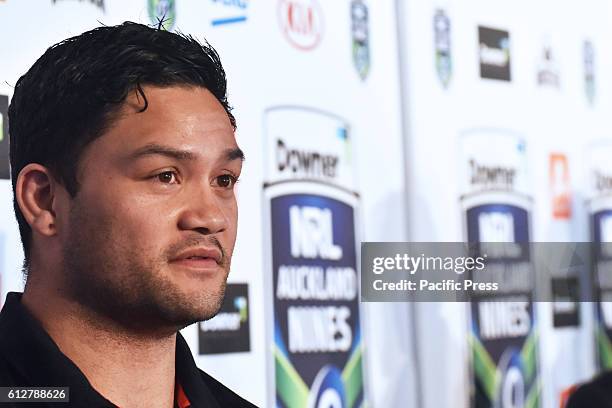 Issac Luke is at press conference. He is one of thE rugby league's greatest superstars to play Downer Auckland Nines in Feb 2017.