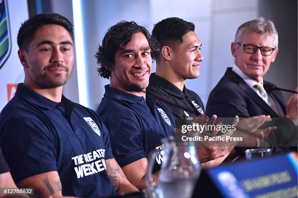 Shaun Johnson, Johnathan Thurston and Roger-Tuivasa Sheck at press conference. They are the rugby league's greatest superstars to play Downer...