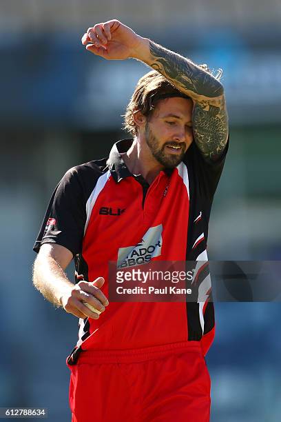 Kane Richardson of the Redbacks walks back to his bowling mark during the Matador BBQs One Day Cup match between South Australia and Victoria at WACA...