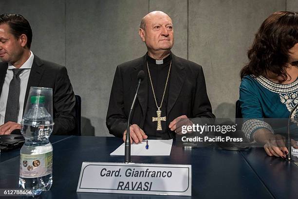 Cardinal Gianfranco Ravasi, Pontifical Council for Culture President, attends a press conference, at the Vatican Press Center on October 04, 2016....