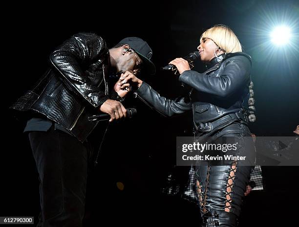 Sean "Diddy" Combs and Mary J. Blige perform onstage during the Bad Boy Family Reunion Tour at The Forum on October 4, 2016 in Inglewood, California.