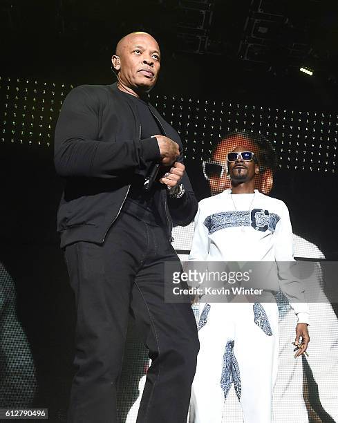 Dr. Dre and Snoop Dogg perform onstage during the Bad Boy Family Reunion Tour at The Forum on October 4, 2016 in Inglewood, California.