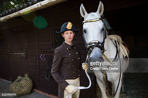 Hannah Zeitlhofer, a rider with the Spanish Riding School of Vienna pictured with her horse Maestoso Beja I at Dell Park Farm on October 4, 2016 in...