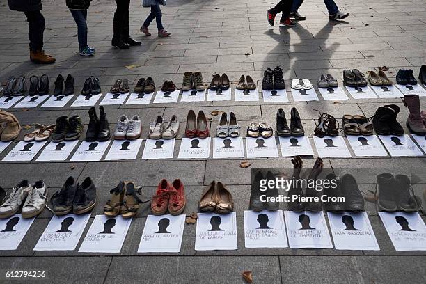 Students displayed shoes of victims of traffic accidents to raise awareness for safety on roads in Banja Luka, in the Serbian Republic of Bosnia and...