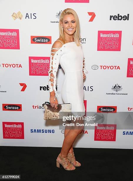 Katie Williams arrives ahead of the Women's Health I Support Women In Sport Awards at Carriageworks on October 5, 2016 in Sydney, Australia.