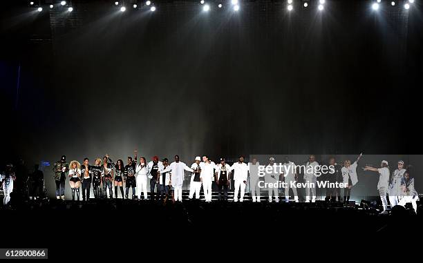 Sean "Diddy" Combs, Faith Evans, Lil' Kim and guests perform onstage during the Bad Boy Family Reunion Tour at The Forum on October 4, 2016 in...