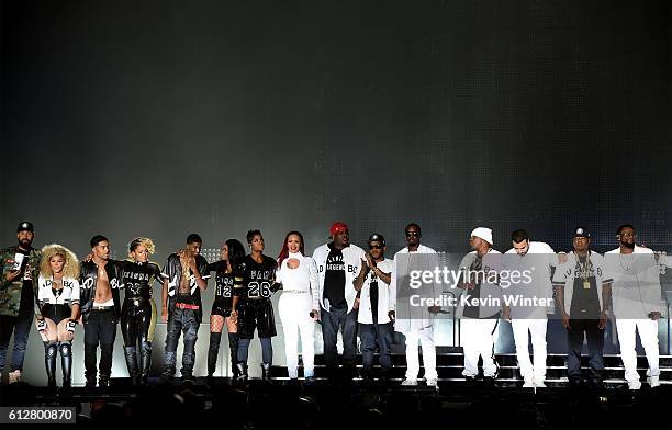 Sean "Diddy" Combs, Faith Evans, Lil' Kim and guests perform onstage during the Bad Boy Family Reunion Tour at The Forum on October 4, 2016 in...