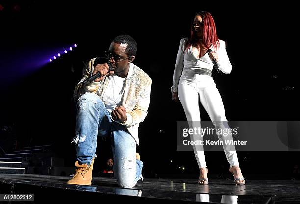 Sean "Diddy" Combs and Faith Evans perform onstage during the Bad Boy Family Reunion Tour at The Forum on October 4, 2016 in Inglewood, California.