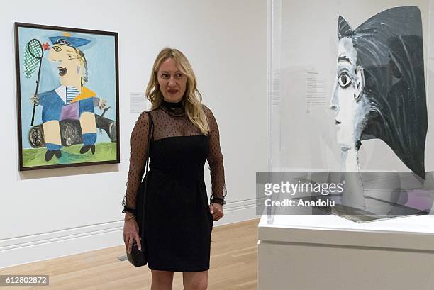 Diana Widmaier Picasso looks an artwork by her grandfather Pablo Picasso at National Portrait Gallery in London, United Kingdom on October 05, 2016.