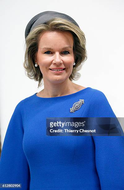 Queen Mathilde of Belgium poses at the Centre Pompidou modern art museum on October 5, 2016 in Paris, France. Queen Mathilde visits the exhibition...
