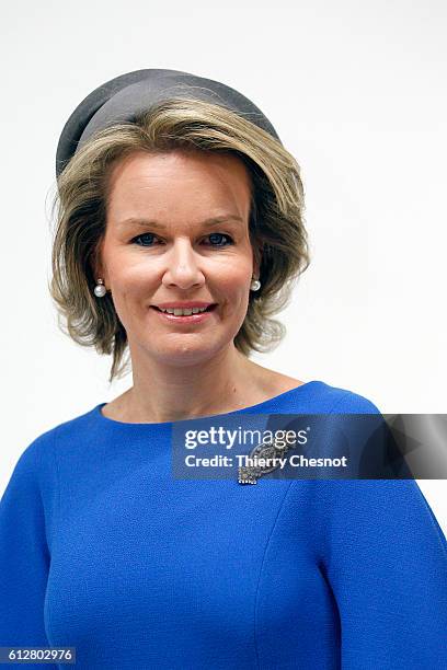 Queen Mathilde of Belgium poses at the Centre Pompidou modern art museum on October 5, 2016 in Paris, France. Queen Mathilde visits the exhibition...