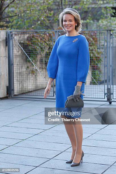 Queen Mathilde of Belgium arrives at the Centre Pompidou modern art museum on October 5, 2016 in Paris, France. Queen Mathilde visits the exhibition...