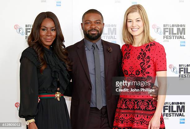 Director Amma Asante and actors David Oyelowo and Rosamund Pike attend the 'A United Kingdom' photocall during the 60th BFI London Film Festival at...