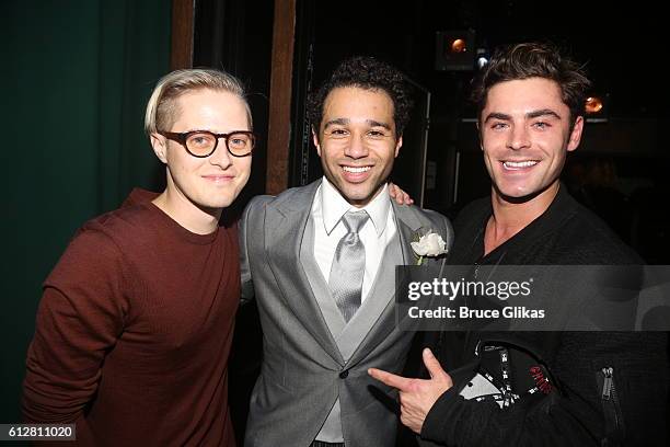 Lucas Grabeel, Corbin Bleu and Zac Efron pose backstage at the hit New Irving Berlin Musical "Holiday Inn" on Broadway at Studio 54 on October 4,...