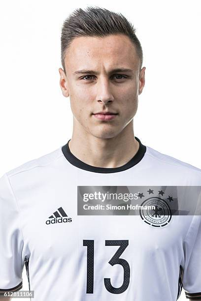 Dominik Franke poses during Germany U19 Team Presentation at Commerzbank-Arena on October 3, 2016 in Frankfurt am Main, Germany.