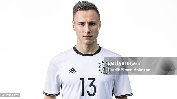 Dominik Franke poses during Germany U19 Team Presentation at Commerzbank-Arena on October 3, 2016 in Frankfurt am Main, Germany.