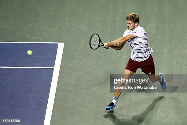 David Goffin of Belgium plays a backhand during the men's singles second round match against Jiri Vesely of Czech Republic on day three of Rakuten...