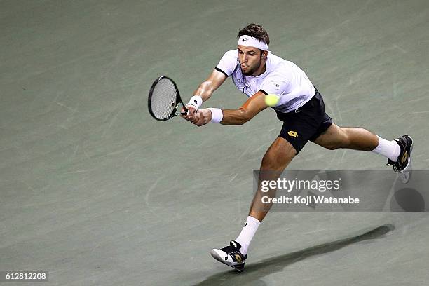 Jiri Vesely of Czech Republic in action during the men's singles second round match against David Goffin of Belgium on day three of Rakuten Open 2016...