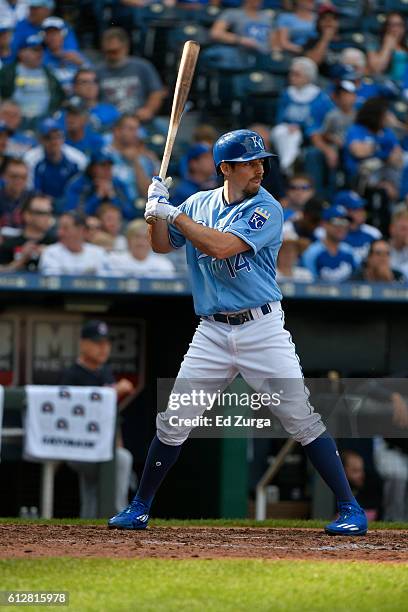 Billy Burns of the Kansas City Royals bats against the Cleveland Indians at Kauffman Stadium on October 2, 2016 in Kansas City, Missouri.