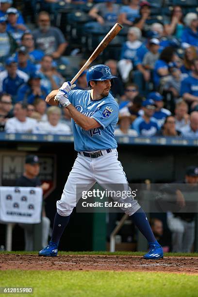 Billy Burns of the Kansas City Royals bats against the Cleveland Indians at Kauffman Stadium on October 2, 2016 in Kansas City, Missouri.