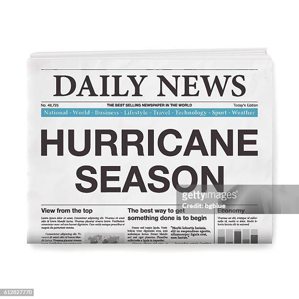 hurricane season headline. newspaper isolated on white background - kontrol magazine presents blue kimbles media watch party stock illustrations